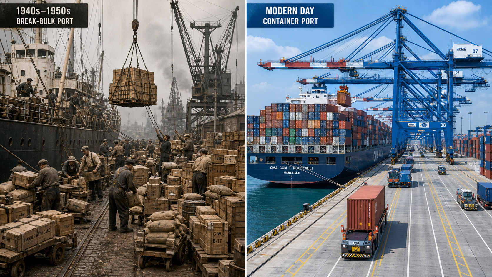 Old break-bulk harbor vs modern container port